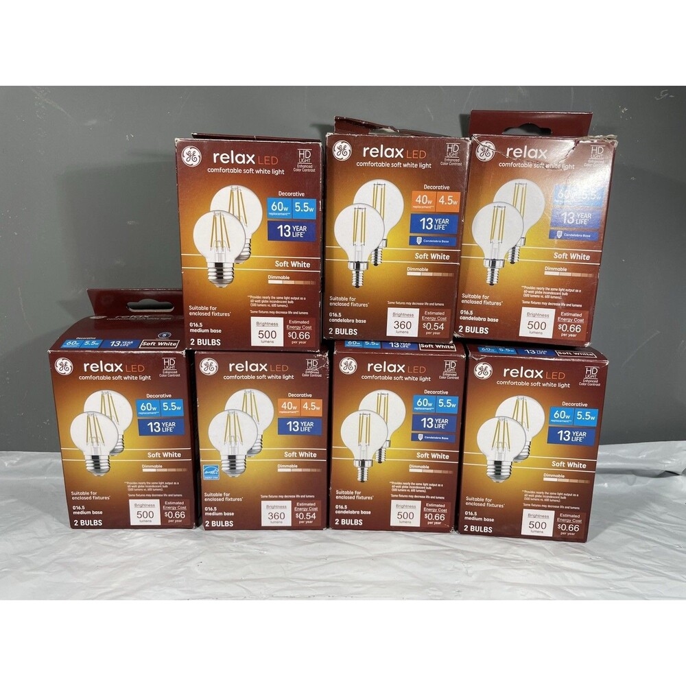 Lot of 7 GE Relax LED Bulbs - 4 Medium Base G16.5 + 3 Candelabra 2-Packs NEW
